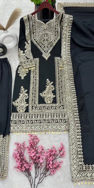 NSR 805 Black Color Pure Chinnon Silk Embroidery Coding Salwar Suit Casual, Party Festive, Events Etc. Expected Delivery 4-6 Working Days @2149/- | Jump Suits, Casual Suits, Creative suits, Designer Suits, Palazzo Suits, Party Wear Suits, Patiala Suits, Salwar suit, Straight Suits