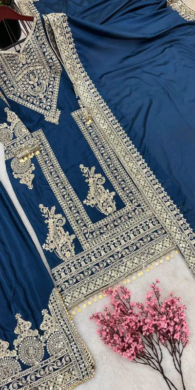 NSR 805 Blue Color Pure Chinnon Silk Embroidery Coding Salwar Suit Casual, Party Festive, Events Etc. Expected Delivery 4-6 Working Days @2149/- | Jump Suits, Casual Suits, Creative suits, Designer Suits, Palazzo Suits, Party Wear Suits, Patiala Suits, Salwar suit, Straight Suits