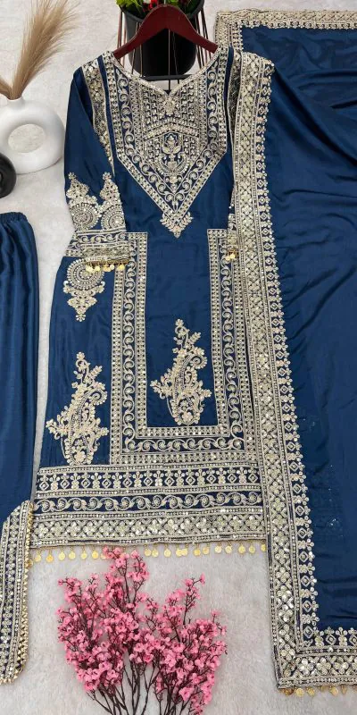 NSR 805 Blue Color Pure Chinnon Silk Embroidery Coding Salwar Suit Casual, Party Festive, Events Etc. Expected Delivery 4-6 Working Days @2149/- | Jump Suits, Casual Suits, Creative suits, Designer Suits, Palazzo Suits, Party Wear Suits, Patiala Suits, Salwar suit, Straight Suits