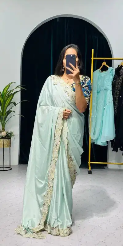ST 463 Light Pista Green Color Chinon Embroidery Cotton Thread Saree Casual, Wedding, Party, Festive, Events Etc. Expected Delivery 4-6 Working Days @1849/- | Bollywood Sarees, Creative Sarees, Designer Sarees, Embroidered Sarees, Ethnic Saree, Modern Digital sarees, Party Wear Sarees, Sarees
