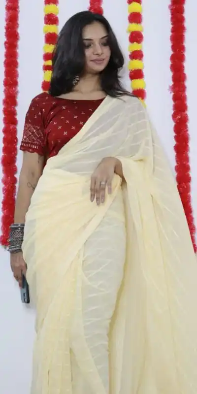 SF Chiffon  Light Yellow Color Soft chiffon Woven Satin Strips Saree Casual, Wedding, Festive, Events Etc. Expected Delivery  4-6 Working Days @1749/- | Bollywood Sarees, Creative Sarees, Designer Sarees, Embroidered Sarees, Ethnic Saree, Modern Digital sarees, Party Wear Sarees, Sarees