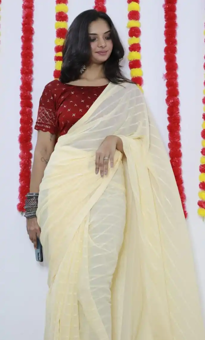 SF Chiffon  Light Yellow Color Soft chiffon Woven Satin Strips Saree Casual, Wedding, Festive, Events Etc. Expected Delivery  4-6 Working Days @1749/- | Bollywood Sarees, Creative Sarees, Designer Sarees, Embroidered Sarees, Ethnic Saree, Modern Digital sarees, Party Wear Sarees, Sarees