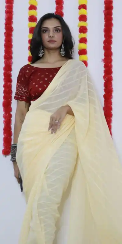 SF Chiffon  Light Yellow Color Soft chiffon Woven Satin Strips Saree Casual, Wedding, Festive, Events Etc. Expected Delivery  4-6 Working Days @1749/- | Bollywood Sarees, Creative Sarees, Designer Sarees, Embroidered Sarees, Ethnic Saree, Modern Digital sarees, Party Wear Sarees, Sarees