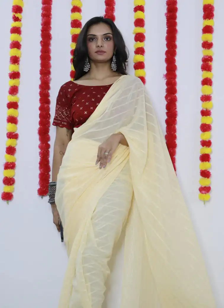 SF Chiffon  Light Yellow Color Soft chiffon Woven Satin Strips Saree Casual, Wedding, Festive, Events Etc. Expected Delivery  4-6 Working Days @1749/- | Bollywood Sarees, Creative Sarees, Designer Sarees, Embroidered Sarees, Ethnic Saree, Modern Digital sarees, Party Wear Sarees, Sarees