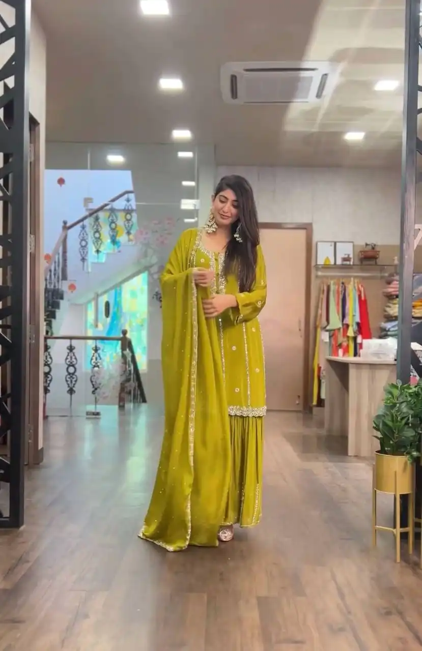 SRK-5145 Mustard Color Pure Chinnon Silk Embroidery Sequence Salwar Suit Wedding, Party, Festive, Events Expected Delivery 4-6 Working Days @ 1899/- | Jump Suits, Casual Suits, Creative suits, Designer Suits, Palazzo Suits, Party Wear Suits, Patiala Suits, Salwar suit, Straight Suits