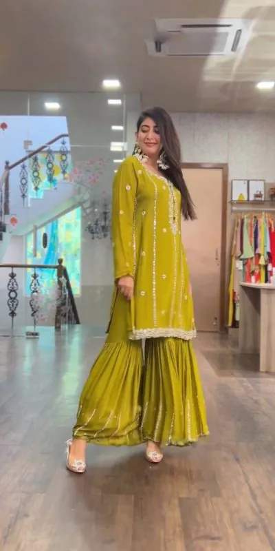 SRK-5145 Mustard Color Pure Chinnon Silk Embroidery Sequence Salwar Suit Wedding, Party, Festive, Events Expected Delivery 4-6 Working Days @ 1899/- | Jump Suits, Casual Suits, Creative suits, Designer Suits, Palazzo Suits, Party Wear Suits, Patiala Suits, Salwar suit, Straight Suits