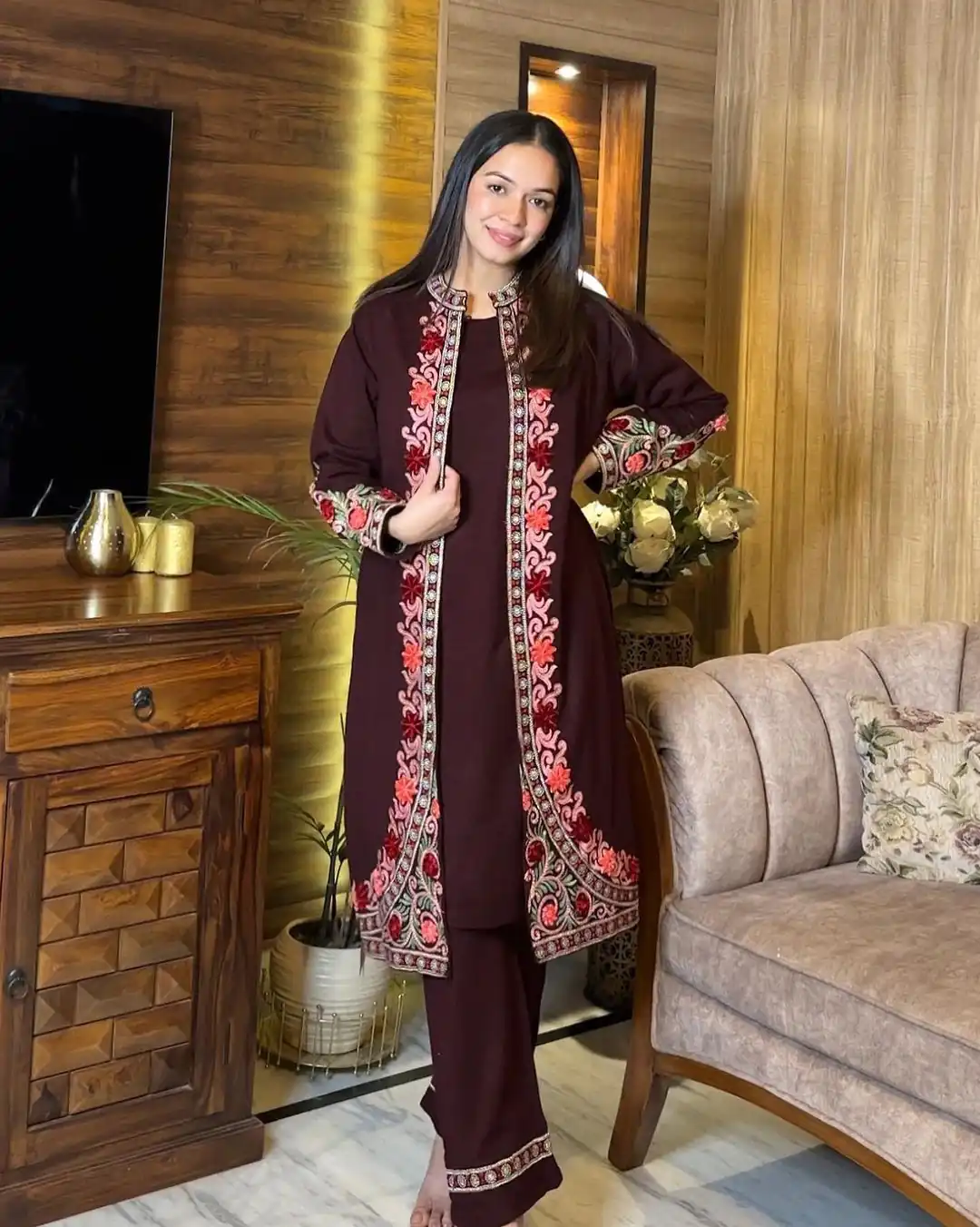 KD 1441 Wine Color Rayon Chain-Stitch Work Salwar Suit With Shrug Casual, Party, Festive, Events Etc.  Expected Delivery 4-6 Working Days @2099/- | Jump Suits, Casual Suits, Creative suits, Designer Suits, Palazzo Suits, Party Wear Suits, Patiala Suits, Salwar suit, Straight Suits
