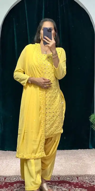 ST 1045 Yellow Color Faux Georgette Embroidery Work Kurti Casual, Wedding, Party, Festive, Events Etc. Expected Delivery 4-6 Working Days @1899/- | Bollywood Kurti, Creative Kurtis, Designer Kurti, Kurti, Party Wear Kurti, Selfie Kurti