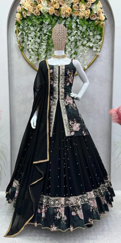 RTC 6466 Black Color Foix Georgette Rivet Moti Digital Printed Lehenga Choli Wedding, Party, Festive, Events Etc.   Expected Delivery 4-6 Working Days @2049/- | Bollywood Lehenga, Creative Lehenga, Designer Lehenga, Embroidered Lehenga, Lehenga, Party Wear Lehenga