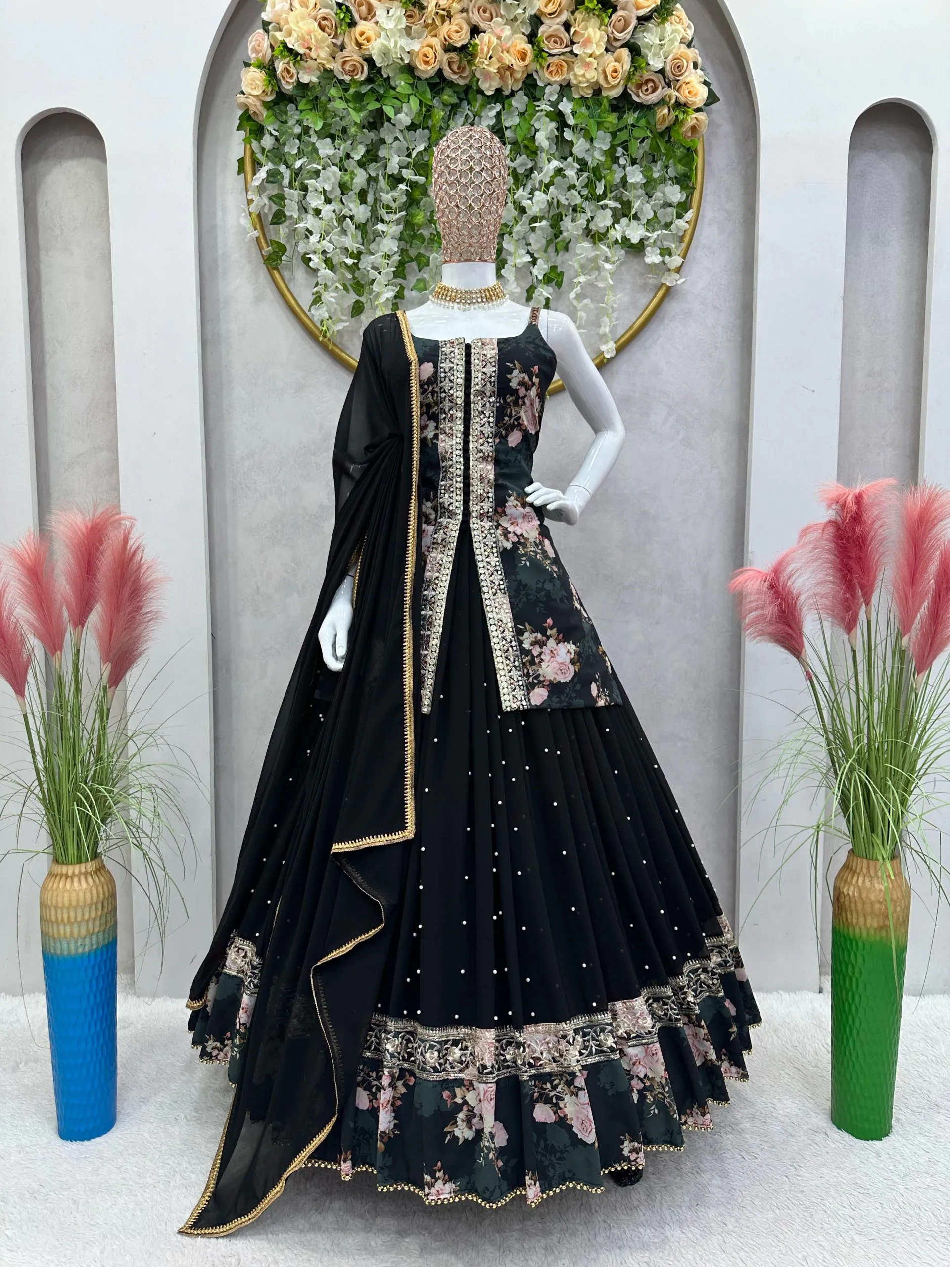 RTC 6466 Black Color Foix Georgette Rivet Moti Digital Printed Lehenga Choli Wedding, Party, Festive, Events Etc.   Expected Delivery 4-6 Working Days @2049/- | Bollywood Lehenga, Creative Lehenga, Designer Lehenga, Embroidered Lehenga, Lehenga, Party Wear Lehenga