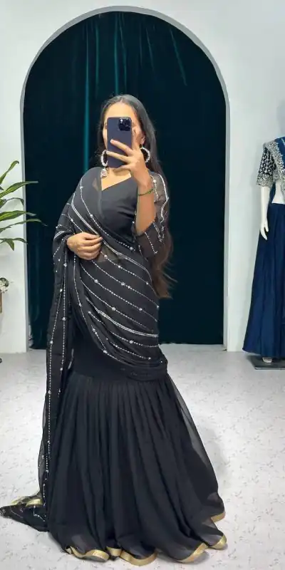 ST 1035 Black Color Georgette Embroidery Moti Work Lehenga Saree Casual, Wedding, Party, Festive, Events Etc. Expected Delivery 4-6 Working Days @2049/- | Bollywood Lehenga, Creative Lehenga, Designer Lehenga, Embroidered Lehenga, Lehenga, Party Wear Lehenga