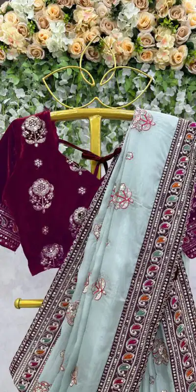 KD 460 Light Blue Organza Thread & Sequence Work Saree Casual, Party, Wedding, Festive, Events Etc.  Expected Delivery 4-6 Working Days @1999/- | Bollywood Sarees, Creative Sarees, Designer Sarees, Embroidered Sarees, Modern Digital sarees, Party Wear Sarees, Sarees