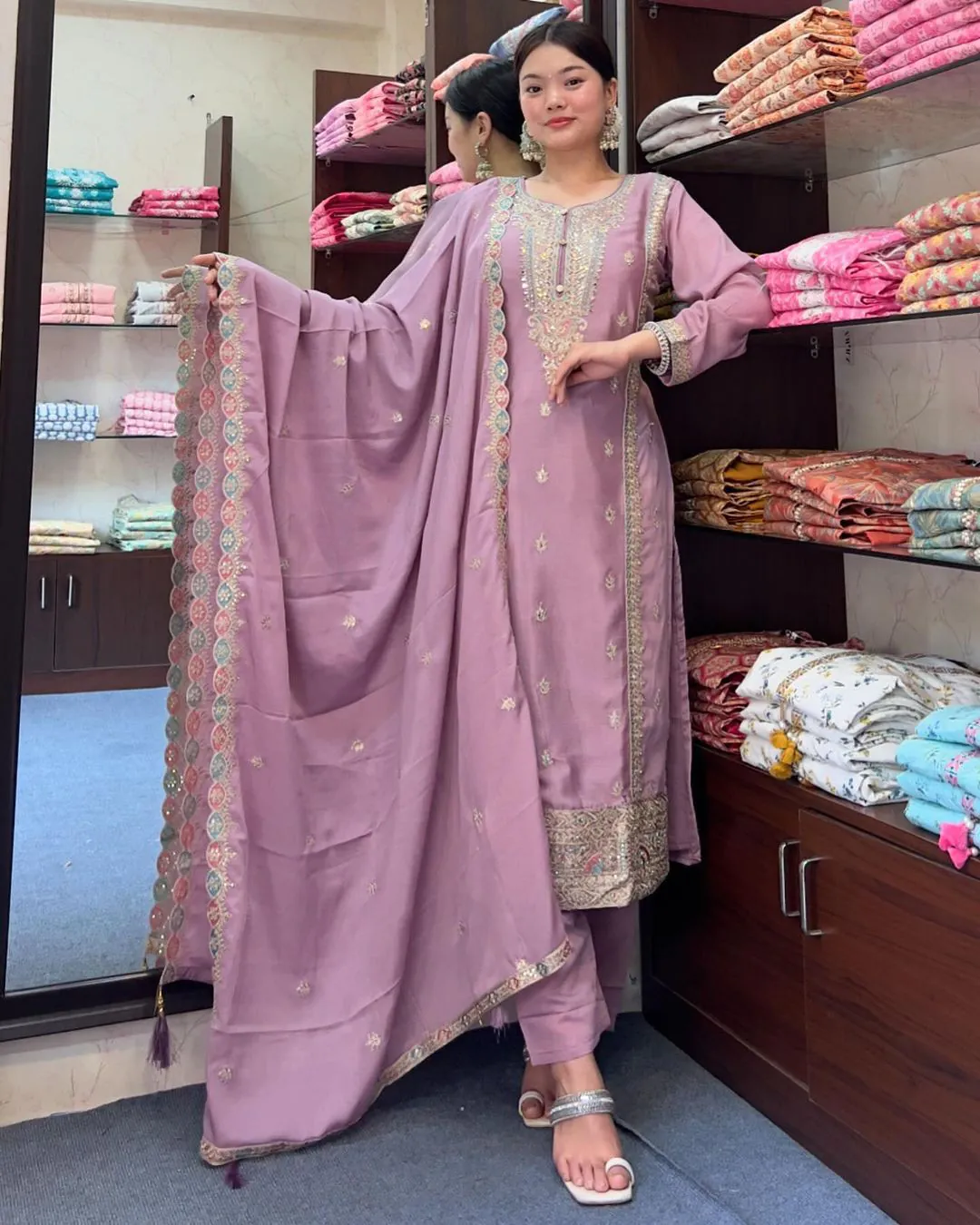 SRK 5148 Light Purple Color Pure Chinnon Silk Embroidery Sequence Salwar Suit Wedding, Party, Festive, Events Expected Delivery 4-6 Working Days @ 1950/- | Jump Suits, Casual Suits, Creative suits, Designer Suits, Palazzo Suits, Party Wear Suits, Patiala Suits, Salwar suit, Straight Suits