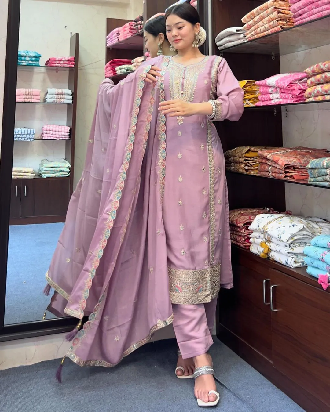 SRK 5148 Light Purple Color Pure Chinnon Silk Embroidery Sequence Salwar Suit Wedding, Party, Festive, Events Expected Delivery 4-6 Working Days @ 1950/- | Jump Suits, Casual Suits, Creative suits, Designer Suits, Palazzo Suits, Party Wear Suits, Patiala Suits, Salwar suit, Straight Suits