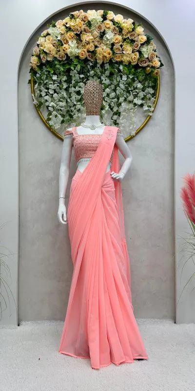 KD 446 Salmon Pink  Color Faux Georgette Ruffle Patch Work Saree Casual, Party, Wedding, Festive, Events Etc.  Expected Delivery  4-6 Working Days @1899/- Only | Bollywood Sarees, Creative Sarees, Designer Sarees, Embroidered Sarees, Ethnic Saree, Modern Digital sarees, Party Wear Sarees, Sarees
