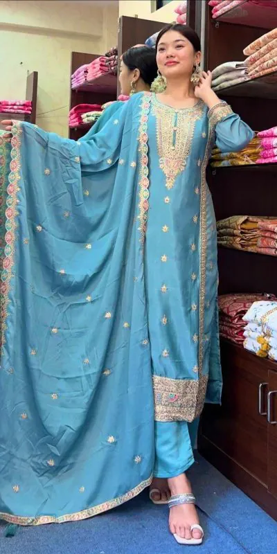 SRK-5148 Sky Blue Color Pure Chinnon Silk Embroidery Sequence Salwar Suit Wedding, Party, Festive, Events Expected Delivery 4-6 Working Days @ 1950/- | Jump Suits, Casual Suits, Creative suits, Designer Suits, Palazzo Suits, Party Wear Suits, Patiala Suits, Salwar suit, Straight Suits