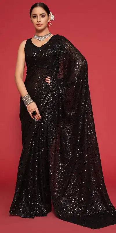 DF Sequins Rani Black Georgette Double Run Embroidery Saree Casual, Party Wear, Events, Festivals Wear Expected Delivery 4-6 Working Days 1750 /- | Bollywood Sarees, Creative Sarees, Designer Sarees, Embroidered Sarees, Ethnic Saree, Modern Digital sarees, Party Wear Sarees, Sarees
