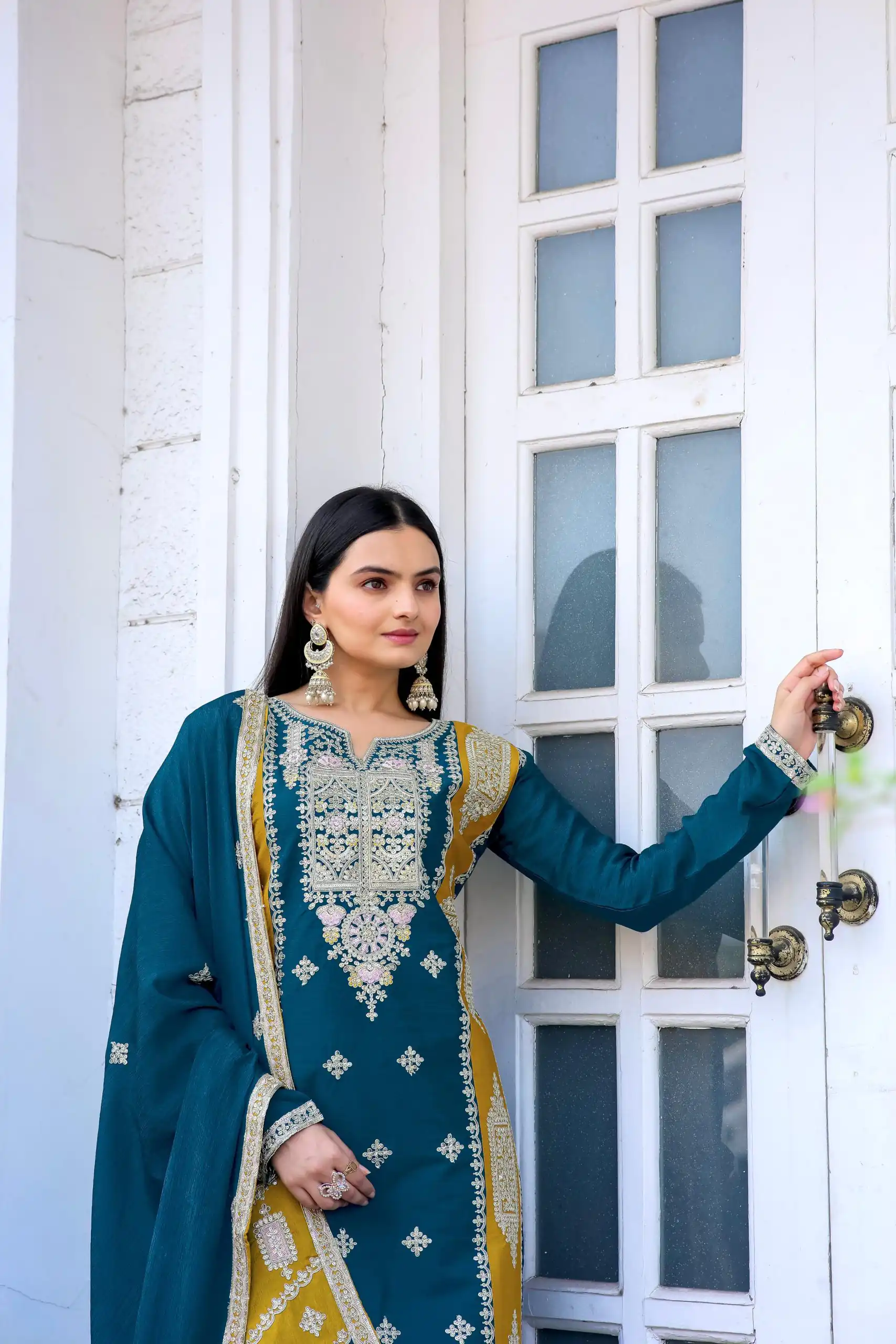 AD153 Blue Color Chinon Silk Embroidery Sequence Sharara Suit Fancy Full Sleeve Wedding, Party, Festive, Events . Expected Delivery 4-6 Working Days @2199 | Jump Suits, Casual Suits, Creative suits, Designer Suits, Palazzo Suits, Party Wear Suits, Patiala Suits, Salwar suit, Straight Suits