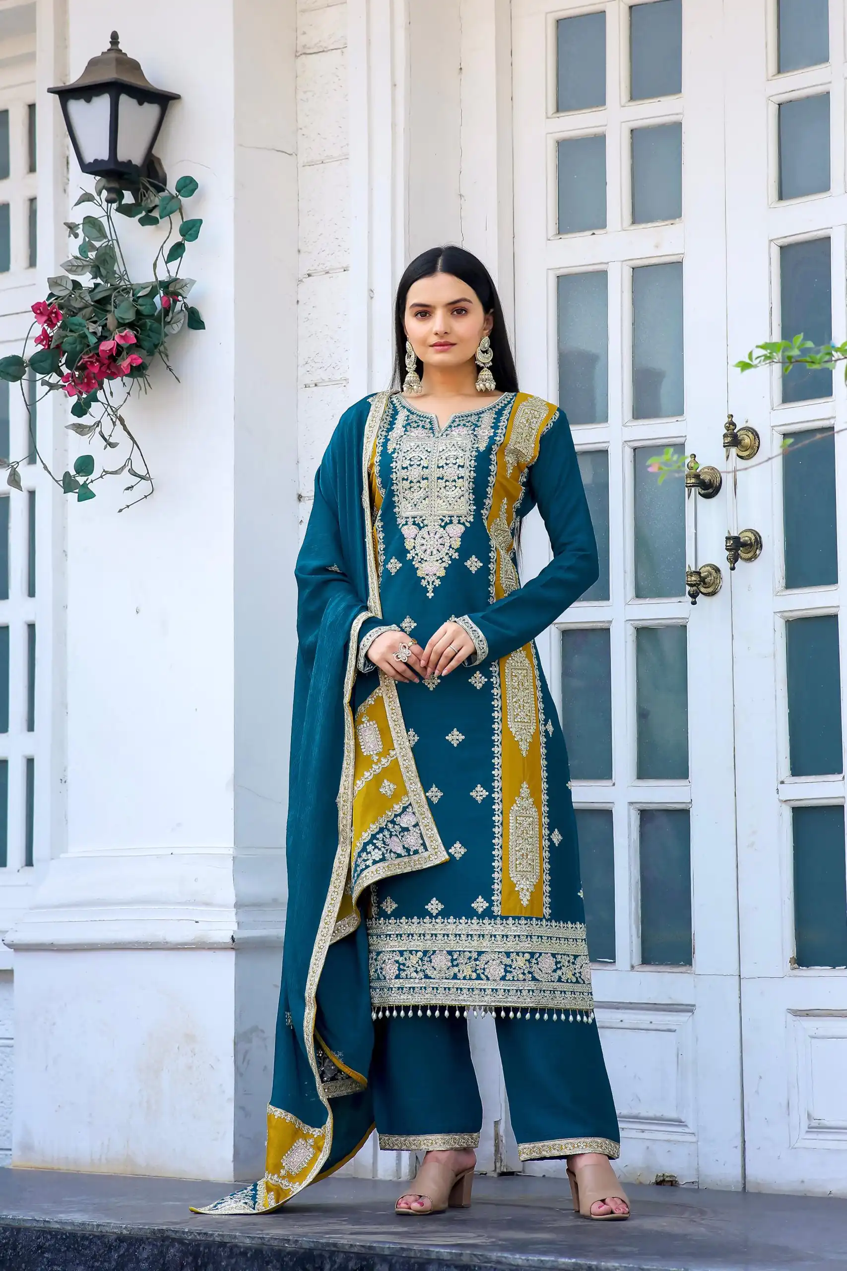 AD153 Blue Color Chinon Silk Embroidery Sequence Sharara Suit Fancy Full Sleeve Wedding, Party, Festive, Events . Expected Delivery 4-6 Working Days @2199 | Jump Suits, Casual Suits, Creative suits, Designer Suits, Palazzo Suits, Party Wear Suits, Patiala Suits, Salwar suit, Straight Suits