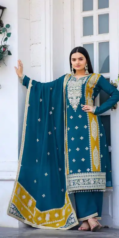 AD153 Blue Color Chinon Silk Embroidery Sequence Sharara Suit Fancy Full Sleeve Wedding, Party, Festive, Events . Expected Delivery  4-6 Working Days @2199 | Jump Suits, Casual Suits, Creative suits, Designer Suits, Palazzo Suits, Party Wear Suits, Patiala Suits, Salwar suit, Straight Suits