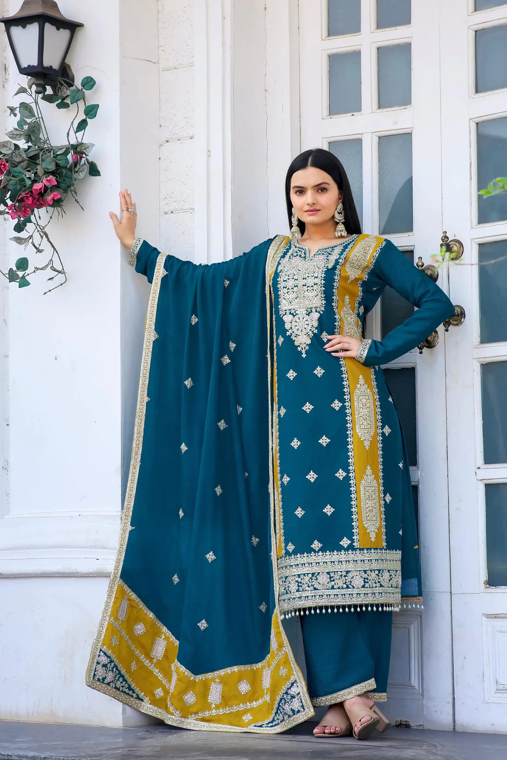 AD153 Blue Color Chinon Silk Embroidery Sequence Sharara Suit Fancy Full Sleeve Wedding, Party, Festive, Events . Expected Delivery 4-6 Working Days @2199 | Jump Suits, Casual Suits, Creative suits, Designer Suits, Palazzo Suits, Party Wear Suits, Patiala Suits, Salwar suit, Straight Suits