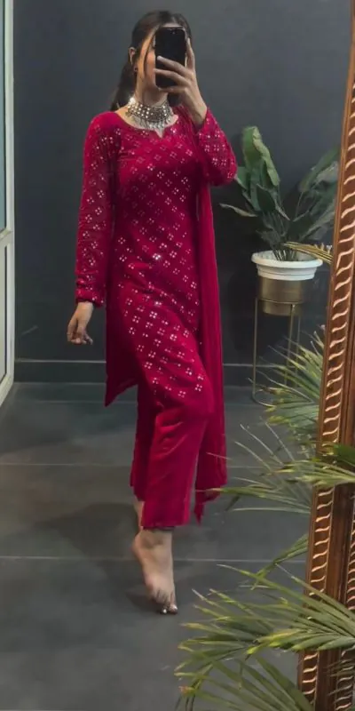 KD 1416 Pink Faux Georgette Sequence Thread work Salwar Suit Work : Embroidery With Sequence Thread Work Party, Wedding, Festive @1999/- Only | Casual Suits, Creative suits, Designer Suits, Palazzo Suits, Party Wear Suits, Salwar suit, Straight Suits