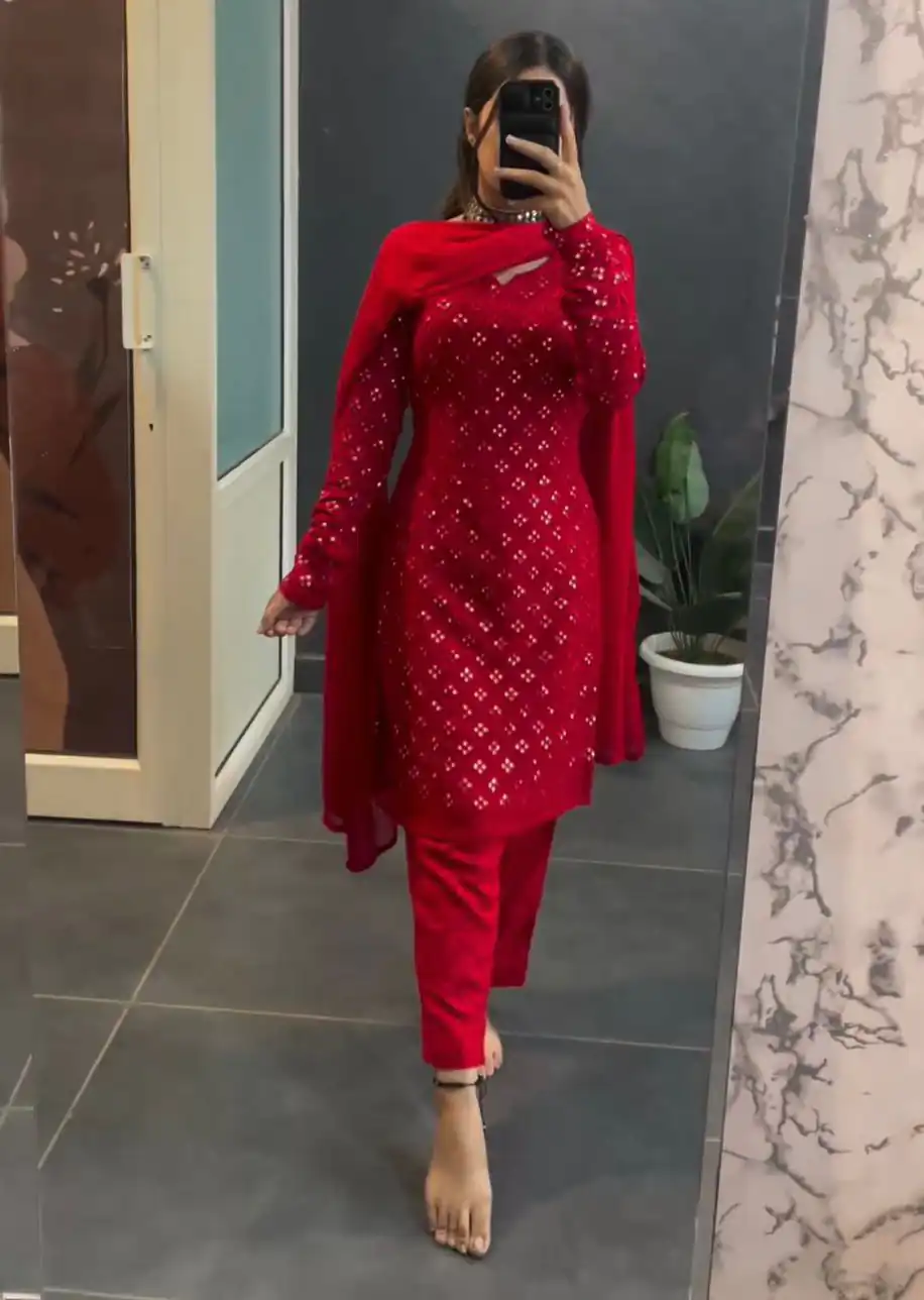 KD 1416 Red Faux Georgette Sequence Thread work Salwar Suit Work : Embroidery With Sequence Thread Work Party, Wedding, Festive @1999/- Only | Casual Suits, Creative suits, Designer Suits, Palazzo Suits, Party Wear Suits, Salwar suit, Straight Suits