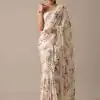 Perfect White Color Georgette Digital Prints Embroidery Saree