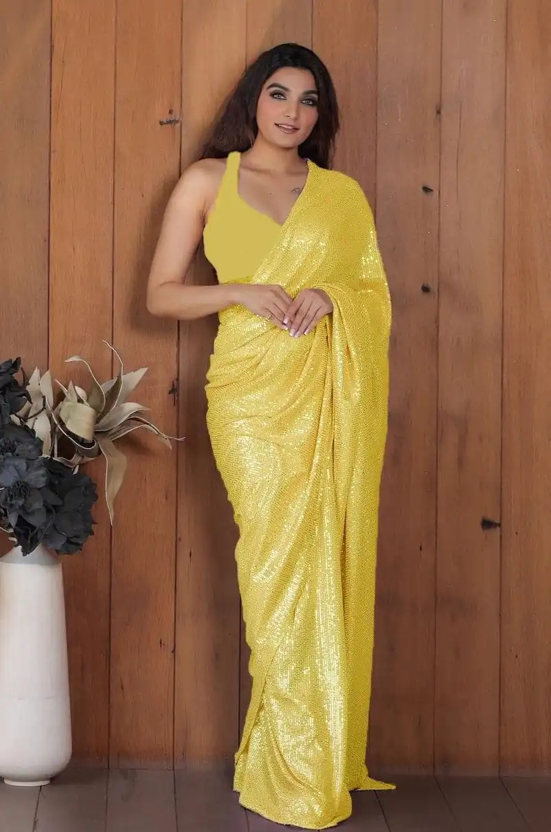 DF Sequins Rani Yellow Georgette Double Run Embroidery Saree Casual, Party Wear, Events, Festivals Wear Expected Delivery 4-6 Working Days 1750 /- | Bollywood Sarees, Creative Sarees, Designer Sarees, Embroidered Sarees, Ethnic Saree, Modern Digital sarees, Party Wear Sarees, Sarees