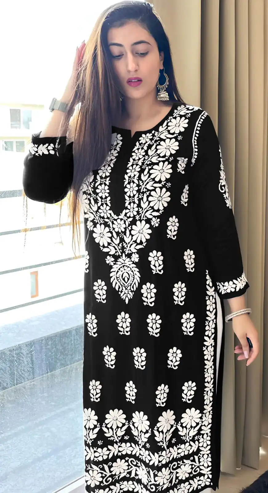 MJF 1023 Black Color Heavy Rayon Cotton Style Embroidery Work Kurti Wedding, Party, Festive, Events Etc.   Expected Delivery 4-6 Working Days @1499/- | Bollywood Kurti, Creative Kurtis, Designer Kurti, Kurti, Party Wear Kurti, Selfie Kurti