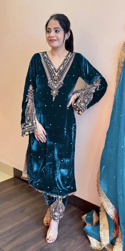 AD 134 Blue Color Heavy Pure Viscose Velvet Embroidery Sharara Suit Wedding, Party, Festive, Events Etc. Expected Delivery 4-6 Working Days @2099/- | Casual Suits, Jump Suits, Creative suits, Designer Suits, Palazzo Suits, Party Wear Suits, Patiala Suits, Salwar suit, Straight Suits