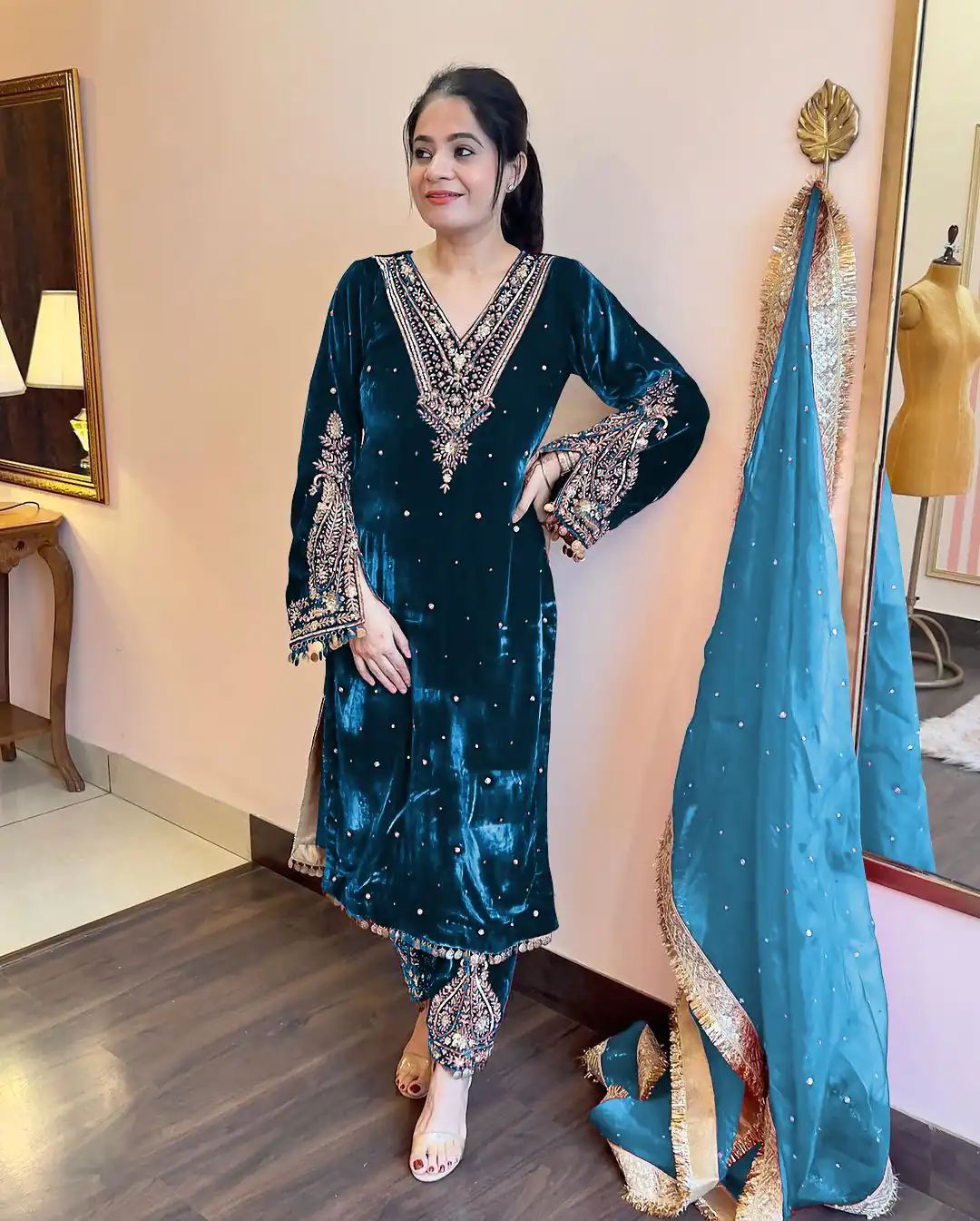 AD 134 Blue Color Heavy Pure Viscose Velvet Embroidery Sharara Suit Wedding, Party, Festive, Events Etc. Expected Delivery 4-6 Working Days @2099/- | Casual Suits, Jump Suits, Creative suits, Designer Suits, Palazzo Suits, Party Wear Suits, Patiala Suits, Salwar suit, Straight Suits