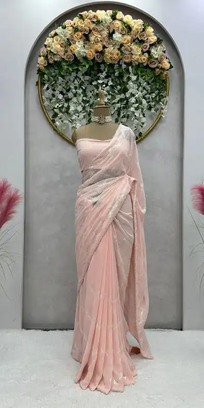 KD 401 Light Pink  Georgette Thread Sequence Lace Saree Casual, Party, Wedding, Festive, Events Etc.  Expected Delivery 4-6 Working Days @1799/- | Bollywood Sarees, Creative Sarees, Designer Sarees, Embroidered Sarees, Modern Digital sarees, Party Wear Sarees, Sarees