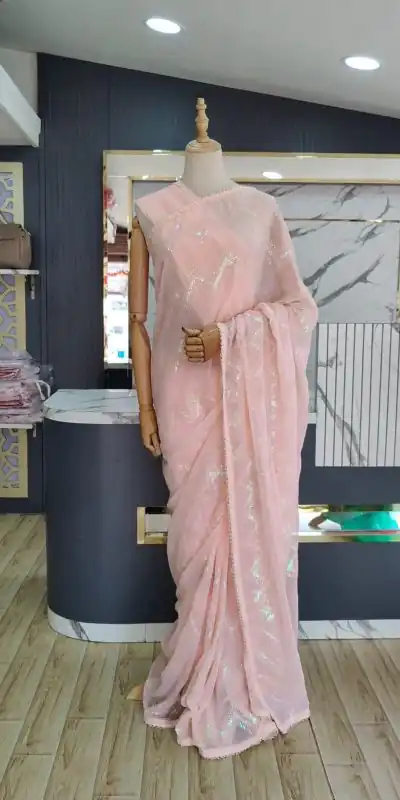 KD 401 Light Pink Georgette Thread Sequence Lace Saree Casual, Party, Wedding, Festive, Events Etc. Expected Delivery 4-6 Working Days @1799/- | Bollywood Sarees, Creative Sarees, Designer Sarees, Embroidered Sarees, Modern Digital sarees, Party Wear Sarees, Sarees