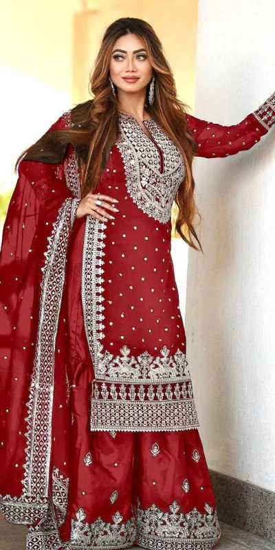 SSR 449 Red Color Georgette Embroidery Sequence Salwar Suit Wedding, Party, Festive, Events Expected Delivery 4-6 Working Days @ 2049/- Only | Casual Suits, Creative suits, Designer Suits, Party Wear Suits, Salwar suit, Straight Suits