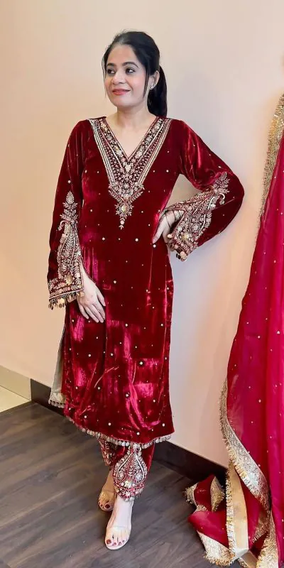 AD 134 Red Color Heavy Pure Viscose Velvet Embroidery Sharara Suit Wedding, Party, Festive, Events Etc. Expected Delivery 4-6 Working Days @2099/- | Jump Suits, Casual Suits, Creative suits, Designer Suits, Palazzo Suits, Party Wear Suits, Patiala Suits, Salwar suit, Straight Suits