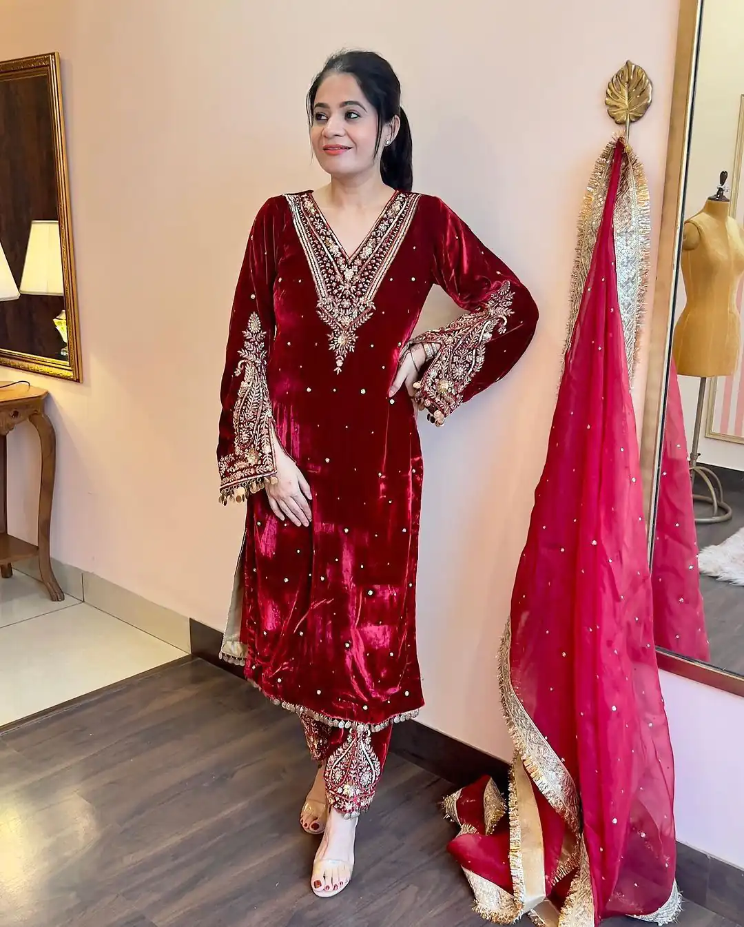 AD 134 Red Color Heavy Pure Viscose Velvet Embroidery Sharara Suit Wedding, Party, Festive, Events Etc. Expected Delivery  4-6 Working Days @2099/- | Jump Suits, Casual Suits, Creative suits, Designer Suits, Palazzo Suits, Party Wear Suits, Patiala Suits, Salwar suit, Straight Suits