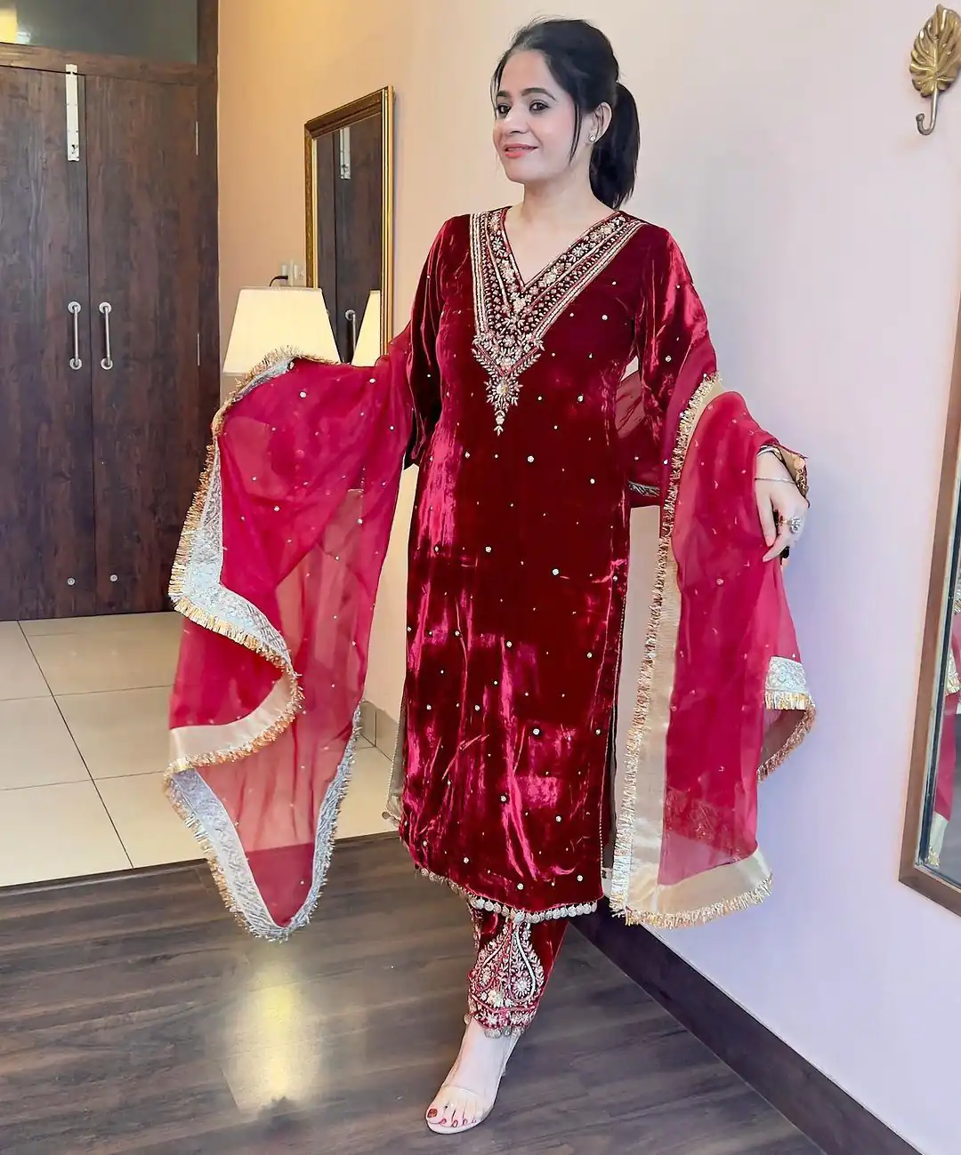 AD 134 Red Color Heavy Pure Viscose Velvet Embroidery Sharara Suit Wedding, Party, Festive, Events Etc. Expected Delivery  4-6 Working Days @2099/- | Jump Suits, Casual Suits, Creative suits, Designer Suits, Palazzo Suits, Party Wear Suits, Patiala Suits, Salwar suit, Straight Suits