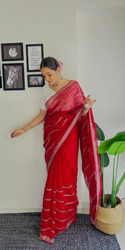AC BROWNIE Red Color Soft Organza Zari With Sequence Saree Blouse :Heavy Velvet Casual, Wedding, Festive, Events Expected Delivery 4-6 Working Days @1999 | Bollywood Sarees, Creative Sarees, Designer Sarees, Embroidered Sarees, Ethnic Saree, Modern Digital sarees, Party Wear Sarees, Sarees