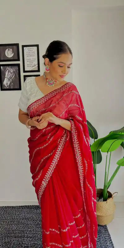 AC BROWNIE Red Color Soft Organza Zari With Sequence Saree Blouse :Heavy Velvet Casual, Wedding, Festive, Events Expected Delivery 4-6 Working Days @1999 | Bollywood Sarees, Creative Sarees, Designer Sarees, Embroidered Sarees, Ethnic Saree, Modern Digital sarees, Party Wear Sarees, Sarees