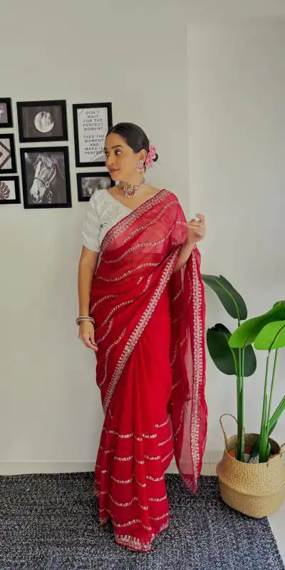 AC BROWNIE Red Color Soft Organza Zari With Sequence Saree Blouse :Heavy Velvet Casual, Wedding, Festive, Events Expected Delivery 4-6 Working Days @1999 | Bollywood Sarees, Creative Sarees, Designer Sarees, Embroidered Sarees, Ethnic Saree, Modern Digital sarees, Party Wear Sarees, Sarees