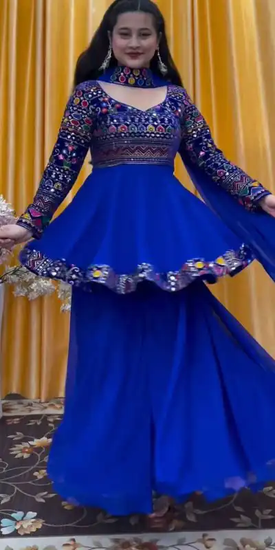 FC 5684 Royal Blue Top Georgette Embroidery Work Sharara Suit : Heavy Net Thread Work Wedding, Party, Festive, Events Etc. Expected Delivery @2149/- Only | Jump Suits, Casual Suits, Creative suits, Designer Suits, Palazzo Suits, Party Wear Suits, Salwar suit, Straight Suits