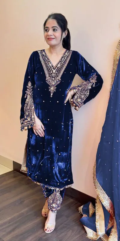 AD 134 Royal Blue Color Heavy Pure Viscose Velvet Embroidery Sharara Suit Wedding, Party, Festive, Events Etc. Expected Delivery  4-6 Working Days @2099/- | Casual Suits, Jump Suits, Creative suits, Designer Suits, Palazzo Suits, Party Wear Suits, Patiala Suits, Salwar suit, Straight Suits