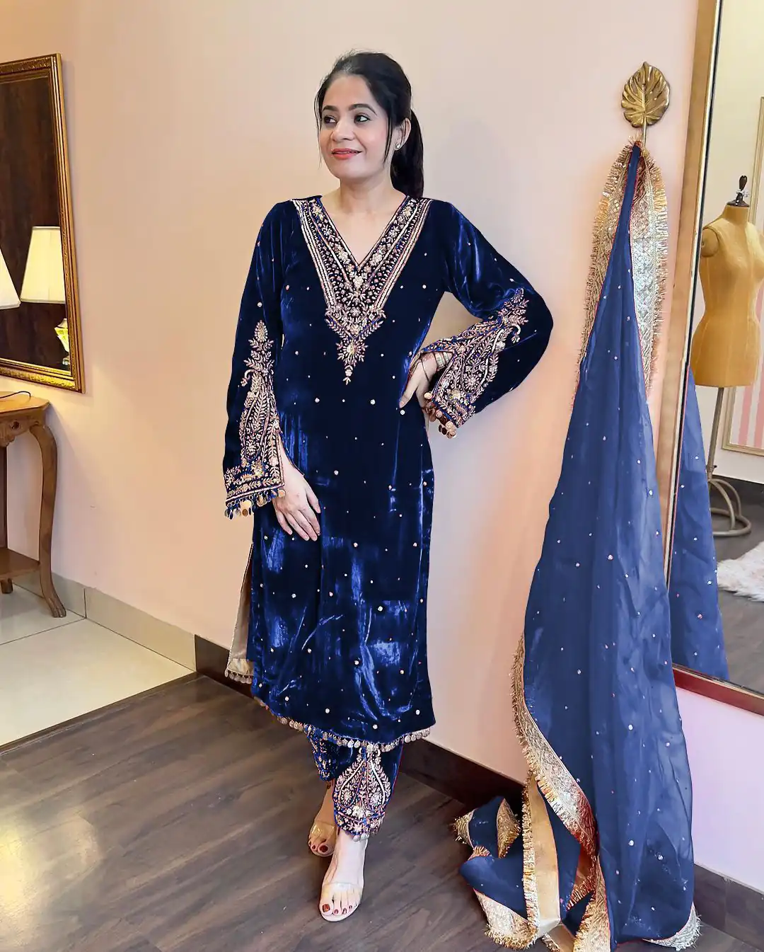 AD 134 Royal Blue Color Heavy Pure Viscose Velvet Embroidery Sharara Suit Wedding, Party, Festive, Events Etc. Expected Delivery  4-6 Working Days @2099/- | Casual Suits, Jump Suits, Creative suits, Designer Suits, Palazzo Suits, Party Wear Suits, Patiala Suits, Salwar suit, Straight Suits