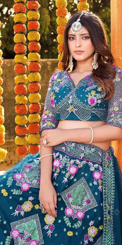 BD 1541 Blue Color Butterfly Net Sequins Embroidered Work Lehenga Choli Casual, Wedding, Festive, Events Expected Delivery 4-6 Working Days @2849 /- | Bollywood Lehenga, Creative Lehenga, Designer Lehenga, Embroidered Lehenga, Lehenga, Party Wear Lehenga