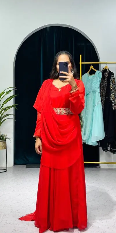 ST 1039 Red Color Faux Georgette Sequence New Stilly Gown Casual, Wedding, Party, Festive, Events Etc. Expected Delivery 4-6 Working Days @2199/- | Bollywood Gowns, Creative Gowns, Designer Gowns, Embroidered Gowns, Gowns, Party Wear Gowns, Straight Suits