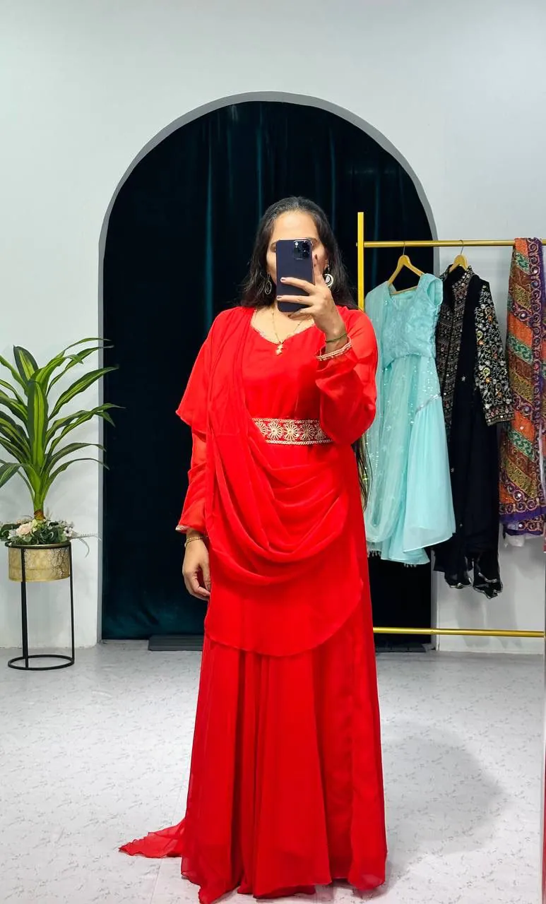 ST 1039 Red Color Faux Georgette Sequence New Stilly Gown Casual, Wedding, Party, Festive, Events Etc. Expected Delivery 4-6 Working Days @2199/- | Bollywood Gowns, Creative Gowns, Designer Gowns, Embroidered Gowns, Gowns, Party Wear Gowns, Straight Suits