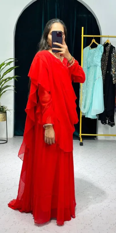 ST 1039 Red Color Faux Georgette Sequence New Stilly Gown Casual, Wedding, Party, Festive, Events Etc. Expected Delivery 4-6 Working Days @2199/- | Bollywood Gowns, Creative Gowns, Designer Gowns, Embroidered Gowns, Gowns, Party Wear Gowns, Straight Suits