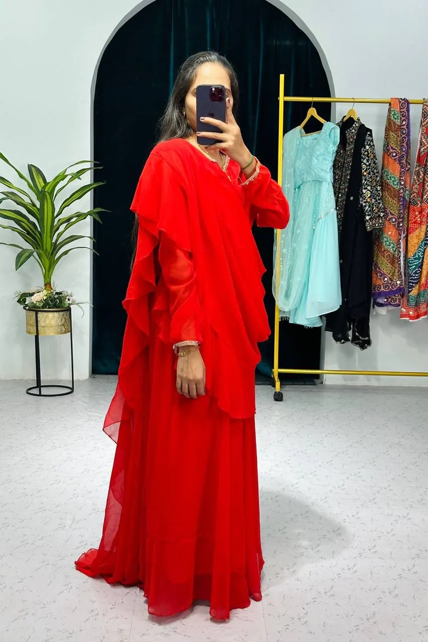 ST 1039 Red Color Faux Georgette Sequence New Stilly Gown Casual, Wedding, Party, Festive, Events Etc. Expected Delivery 4-6 Working Days @2199/- | Bollywood Gowns, Creative Gowns, Designer Gowns, Embroidered Gowns, Gowns, Party Wear Gowns, Straight Suits