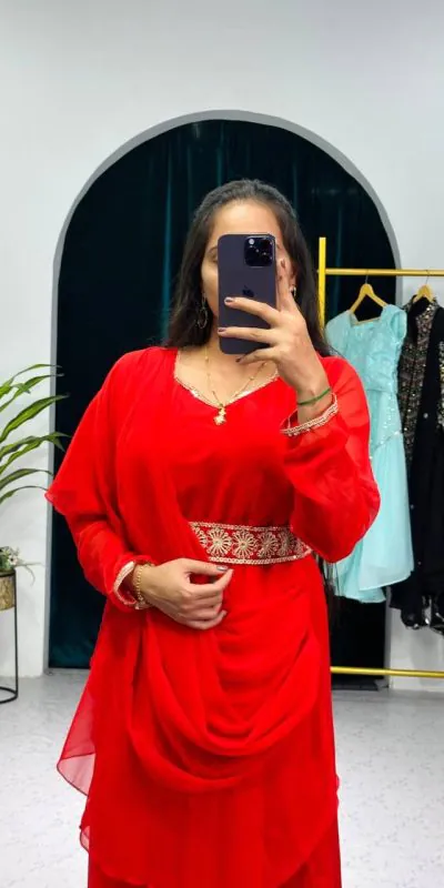 ST 1039 Red Color Faux Georgette Sequence New Stilly Gown Casual, Wedding, Party, Festive, Events Etc. Expected Delivery 4-6 Working Days @2199/- | Bollywood Gowns, Creative Gowns, Designer Gowns, Embroidered Gowns, Gowns, Party Wear Gowns, Straight Suits